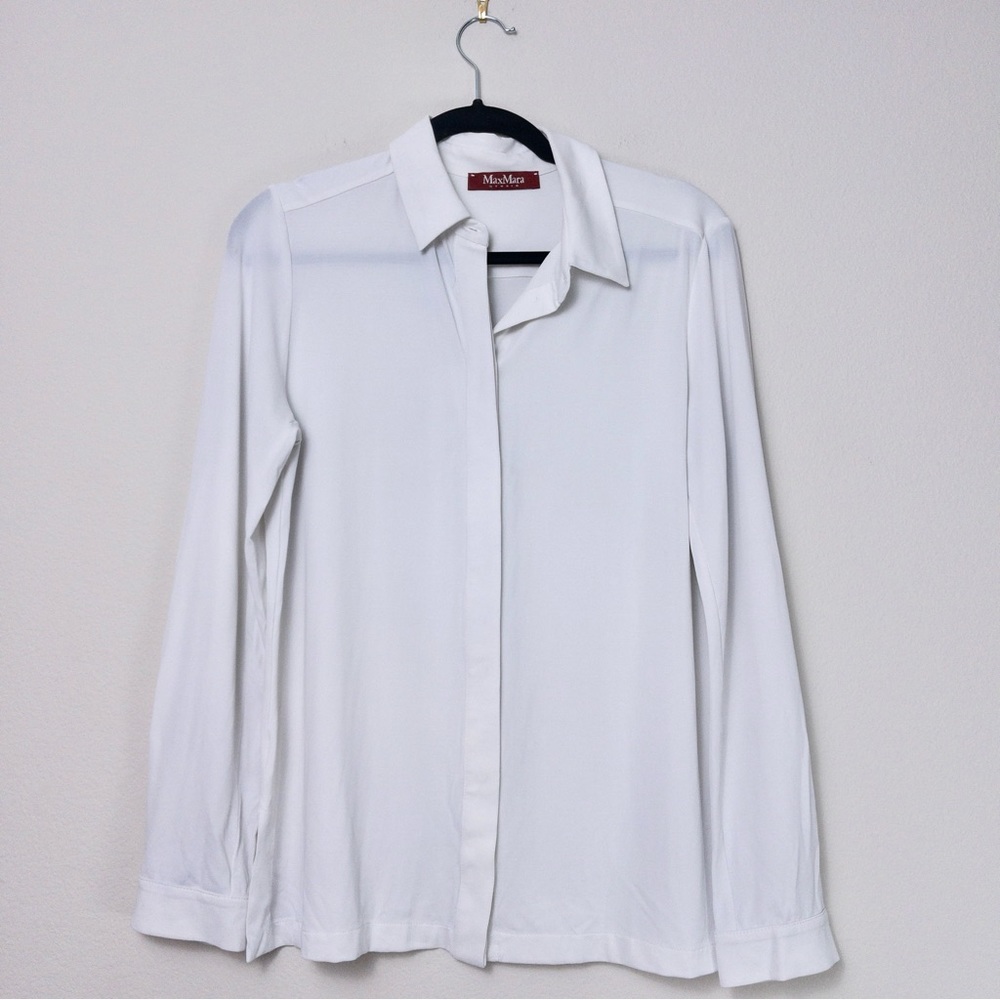 MaxMara Studio Button Down Classic Shirt 4 White Jersey Stretch Relaxed Flawed
